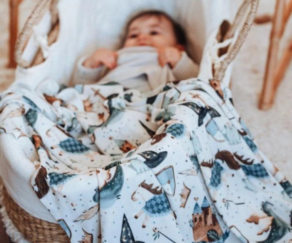 Prince Bamboo Κουβέρτα Swaddle με σχέδιο καστράκια και αλογάκια να σκεπάζει μωράκι μέσα σε καλαθούνα