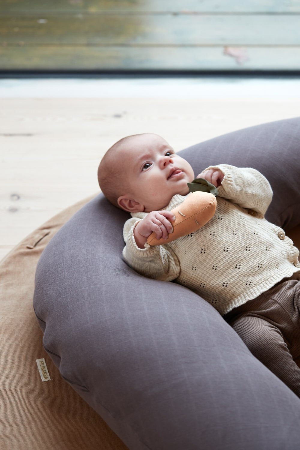 Carrot Κουδουνίστρα, το οποίο κράταει ένα μωράκι σε βρεφική φωλιά