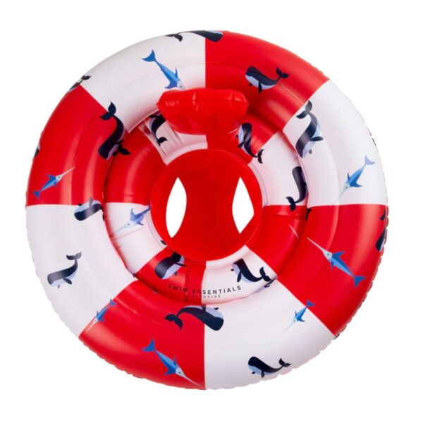Red White Whale Παιδικό Σωσίβιο Με Κάθισμα, από 100% PVC, μέσα στο οποίο κάθεται ένα βρέφος