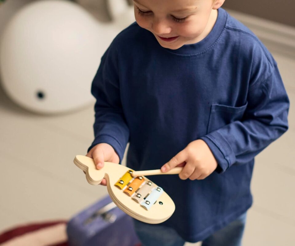 Play Set My First Wooden Toy Instruments, με τα οποία παίζει ένα παιδί