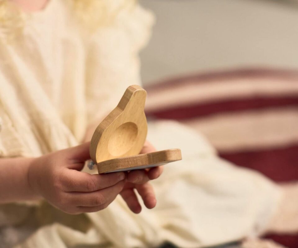 Play Set My First Wooden Toy Instruments, με τα οποία παίζει ένα παιδί