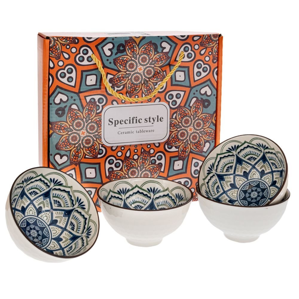 Σετ Κεραμικά Μπωλ Με Γεωμετρικά Σχέδια 4τμχ Μπλε
