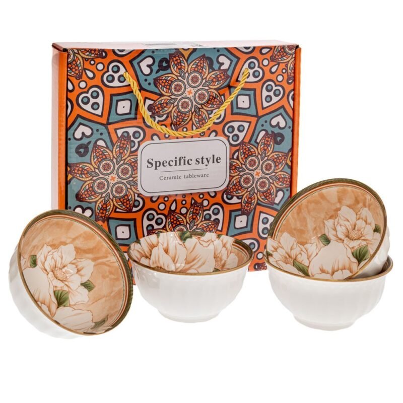 Σετ Κρεμ Κεραμικά Μπωλ Με Λουλούδια 4τμχ