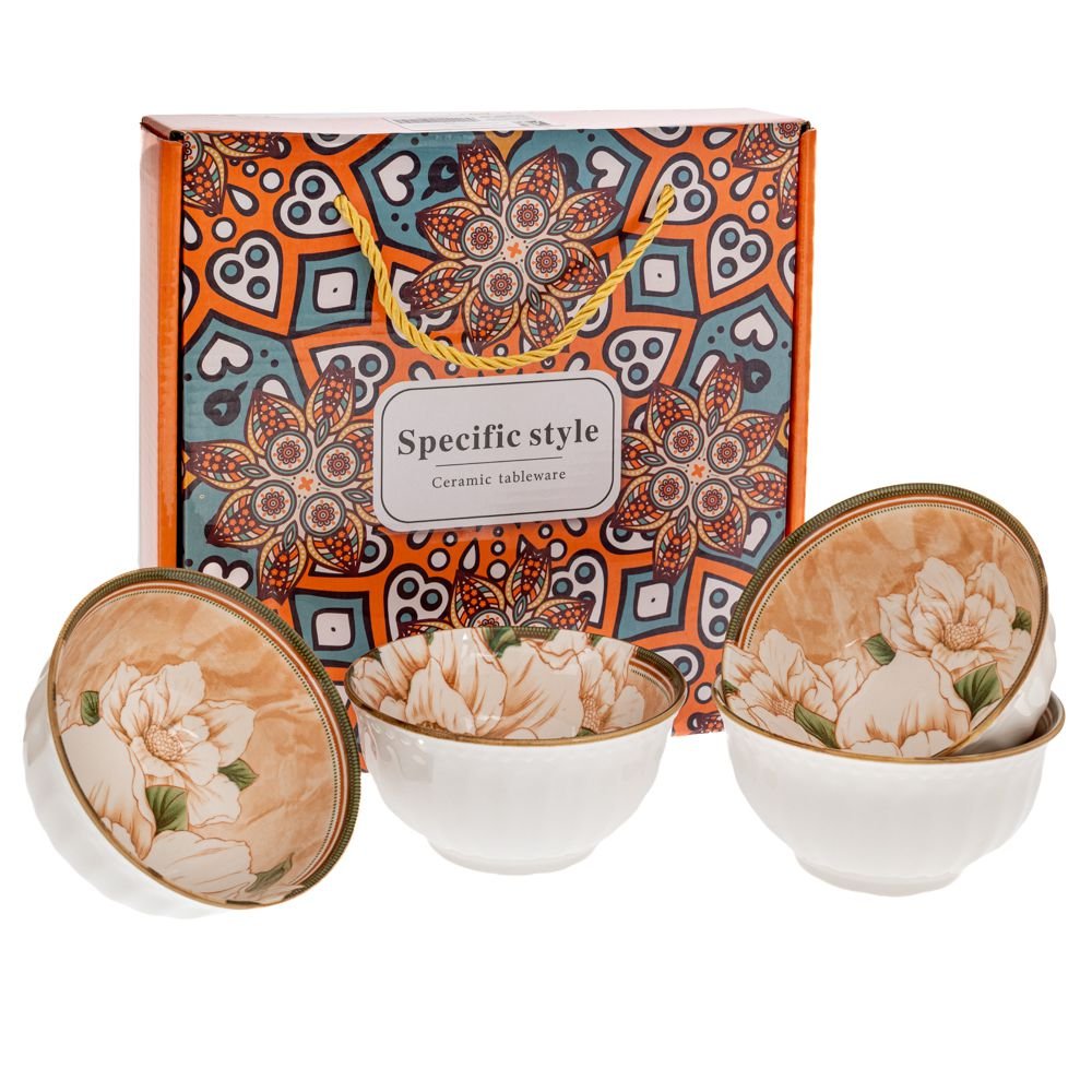 Σετ Κρεμ Κεραμικά Μπωλ Με Λουλούδια 4τμχ