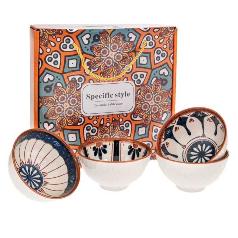 Σετ Λευκά Κεραμικά Μπωλ Με Μπλε Λουλούδια 4τμχ